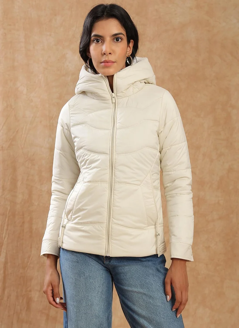 جلو باص Globus Women Beige Long Sleeves Front Zip 2 Pockets Hooded Winterwear Puffer Jacket